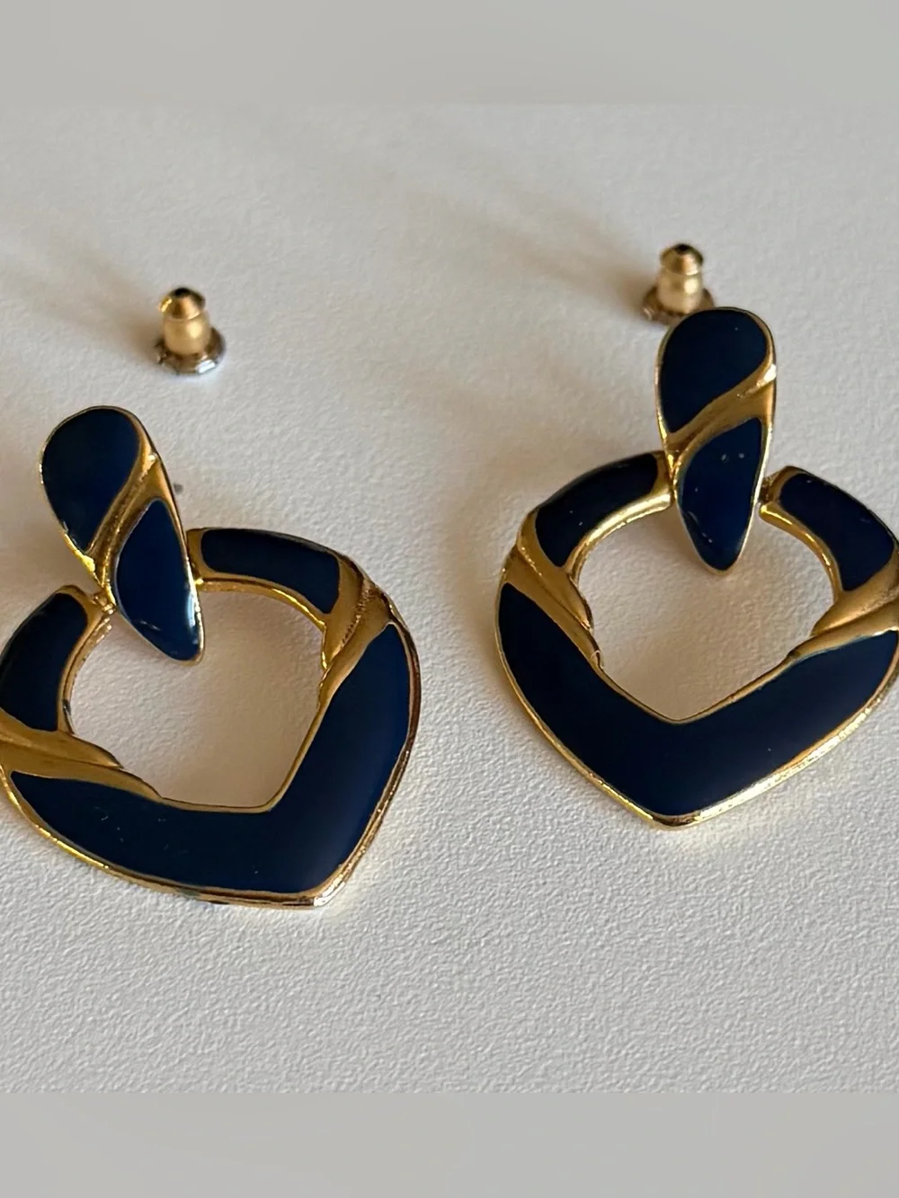 Vintage Gold and Navy Enamel Heart Drop Earrings - Women Jewelry